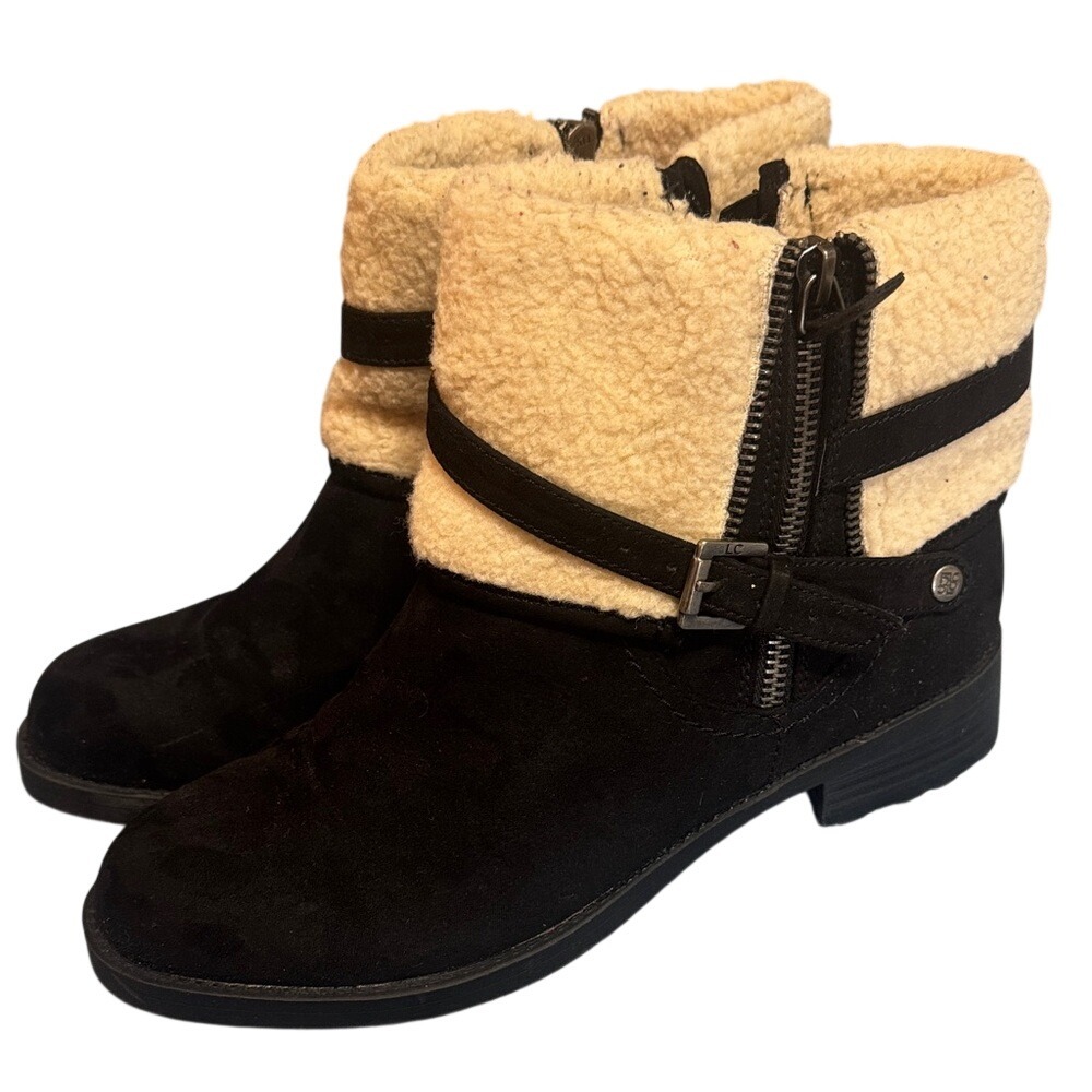 Liz Claiborne Womens Black Faux Fur Trim Ankle Boots 8M 100-7192 Buckle‎ Zip